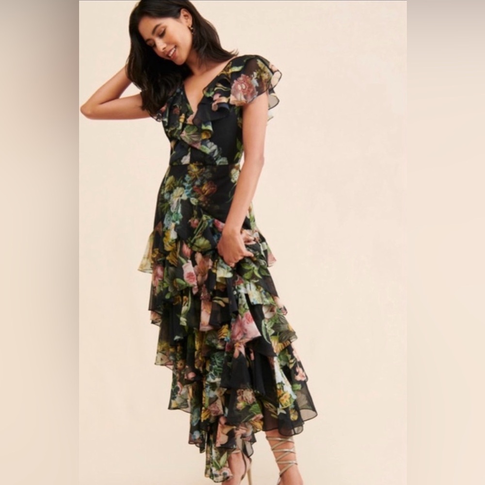 Vintage Floral Ruffle Midi Dress - Black Floral - Picture 15 of 15